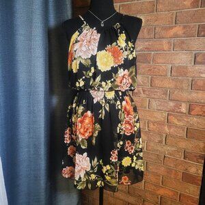 Lovely Floral Gathered Halter w/Cinched Waist and Tiem Back Mini Dress - Size L